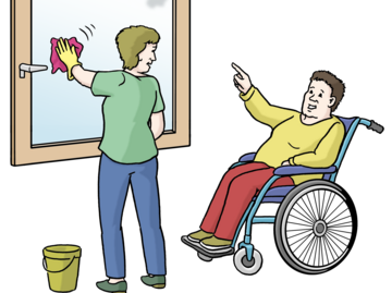 Ein Mensch hilft im Haushalt und putzt ein Fenster für einen Menschen mit Behinderung im Rollstuhl
