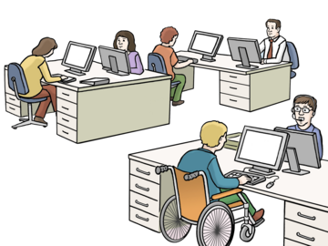 Viele Menschen arbeiten an ihren Schreibtischen in einem Großraumbüro